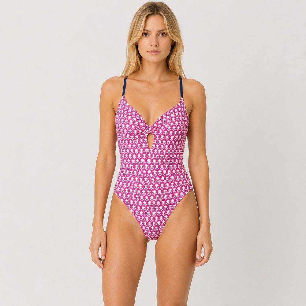 J.Crew Pink Floral Block Print Cutout One-Piece Swimsuit Boho Womens Size 10
